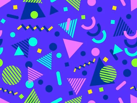 Geometric seamless pattern with memphis elements in 80s style. Colorful geo.. 스톡 일러스트