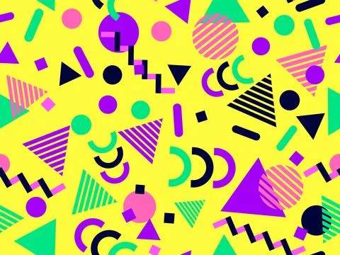 Geometric seamless pattern with memphis elements in 80s style. Colorful geo.. Stock Illustration