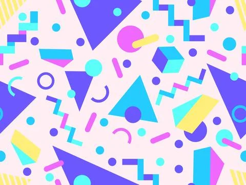 Geometric seamless pattern with memphis elements in 80s style. Colorful geo.. Stock Illustration