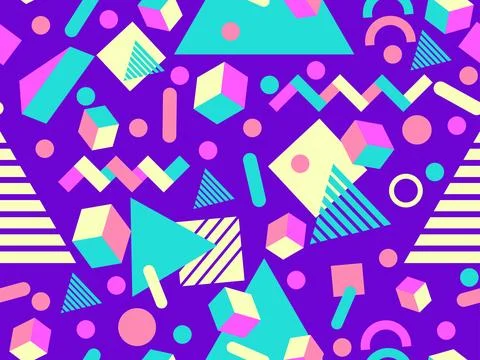 Geometric seamless pattern with memphis elements in 80s style. Colorful geo.. 스톡 일러스트