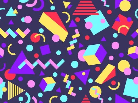 Geometric seamless pattern with memphis elements in 80s style. Colorful geo.. Stock Illustration