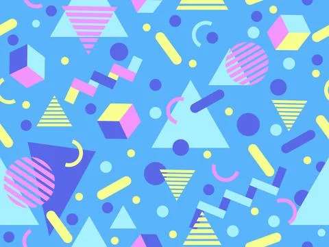 Geometric seamless pattern with memphis elements in 80s style. Colorful geo.. Stock Illustration