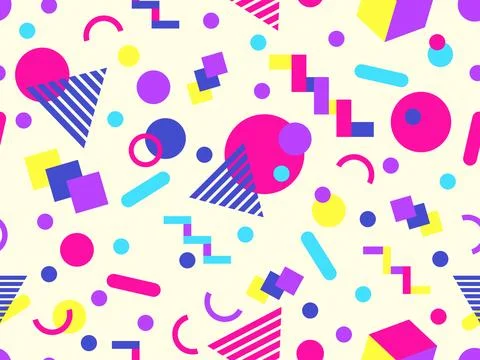 Geometric seamless pattern with memphis elements in 80s style. Colorful geo.. Stock Illustration