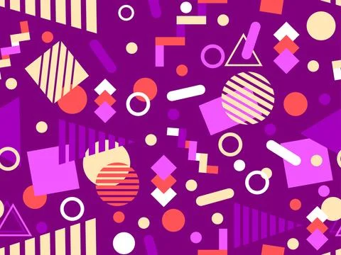 Geometric seamless pattern with memphis elements in 80s style. Colorful geo.. Stock Illustration