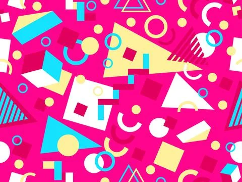 Geometric seamless pattern with memphis elements in 80s style. Colorful geo.. Stock Illustration