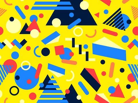 Geometric seamless pattern with memphis elements in 80s style. Colorful geo.. Illustrazione stock