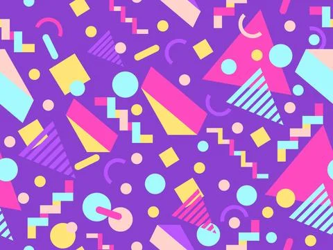Geometric seamless pattern with memphis elements in 80s style. Colorful geo.. 스톡 일러스트
