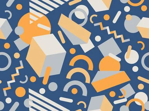 Geometric seamless pattern with memphis elements in 80s style. Colorful geo.. Stock Illustration