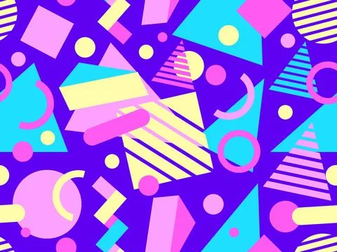 Geometric seamless pattern with memphis elements in 80s style. Colorful geo.. Stock Illustration
