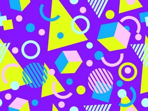 Geometric seamless pattern with memphis elements in 80s style. Colorful geo.. Illustrazione stock