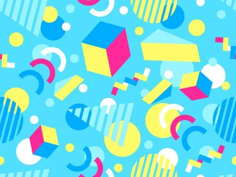 Geometric seamless pattern with memphis elements in 80s style. Colorful geo.. Stock Illustration