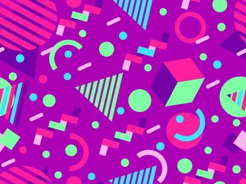 Geometric seamless pattern with memphis elements in 80s style. Colorful geo.. 스톡 일러스트
