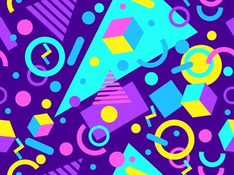Geometric seamless pattern with memphis elements in 80s style. Colorful geo.. Illustrazione stock