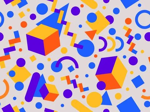Geometric seamless pattern with memphis elements in 80s style. Colorful geo.. Stock Illustration