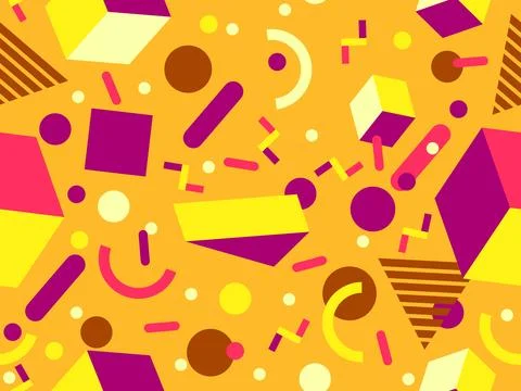 Geometric seamless pattern with memphis elements in 80s style. Colorful geo.. Stock Illustration