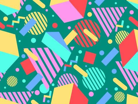 Geometric seamless pattern with memphis elements in 80s style. Colorful geo.. 스톡 일러스트