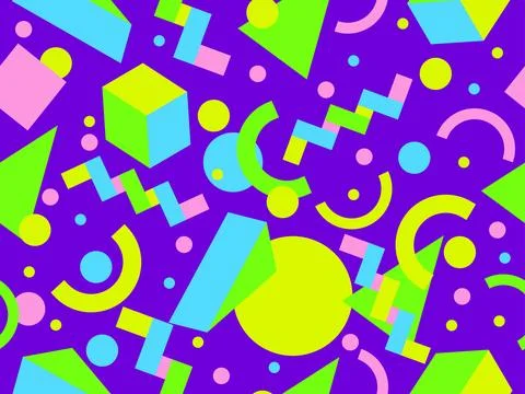Geometric seamless pattern with memphis elements in 80s style. Colorful geo.. Stock Illustration