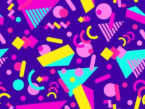 Geometric seamless pattern with memphis elements in 80s style. Colorful geo.. Illustrazione stock