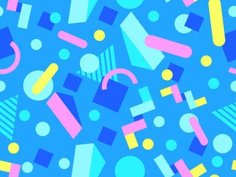 Geometric seamless pattern with memphis elements in 80s style. Colorful geo.. Illustrazione stock