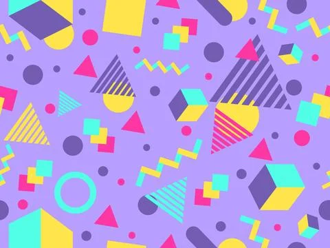 Geometric seamless pattern with memphis elements in 80s style. Colorful geo.. Stock Illustration