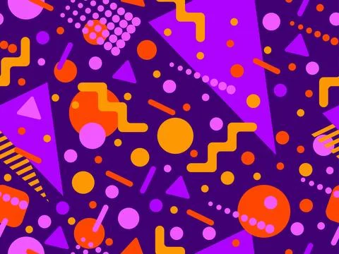 Geometric seamless pattern with memphis elements in 80s style. Colorful geo.. 스톡 일러스트