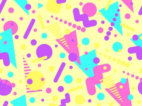 Geometric seamless pattern with memphis elements in 80s style. Colorful geo.. Stock Illustration
