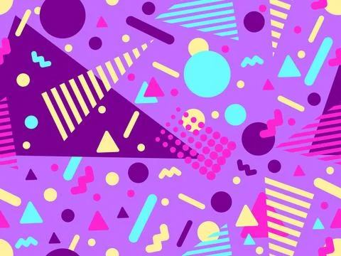 Geometric seamless pattern with memphis elements in 80s style. Colorful geo.. Stock Illustration