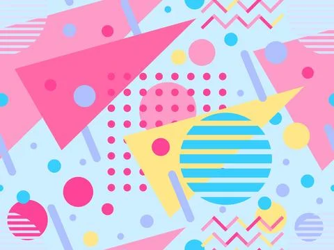 Geometric seamless pattern with memphis elements in 80s style. Colorful geo.. 스톡 일러스트