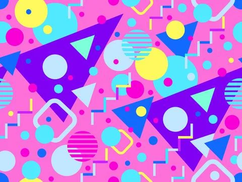 Geometric seamless pattern with memphis elements in 80s style. Colorful geo.. Stock Illustration