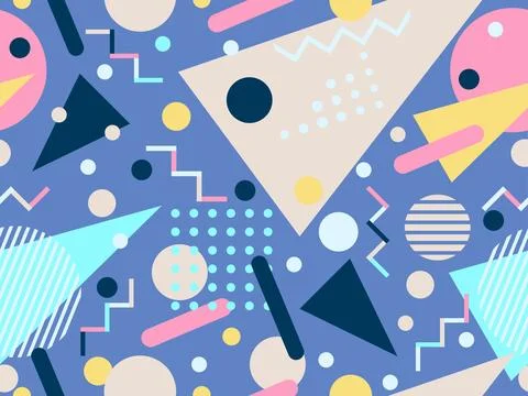 Geometric seamless pattern with memphis elements in 80s style. Colorful geo.. Stock Illustration
