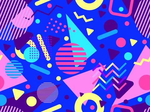 Geometric seamless pattern with memphis elements in 80s style. Colorful geo.. 스톡 일러스트