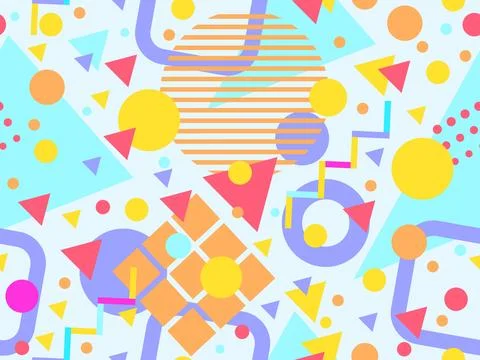 Geometric seamless pattern with memphis elements in 80s style. Colorful geo.. Stock Illustration