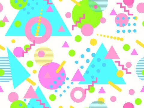 Geometric seamless pattern with memphis elements in 80s style. Colorful geo.. Stock Illustration