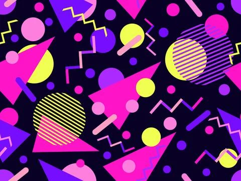 Geometric seamless pattern with memphis elements in 80s style. Colorful geo.. Stock Illustration