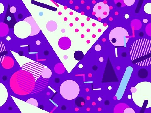 Geometric seamless pattern with memphis elements in 80s style. Colorful geo.. Illustrazione stock