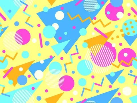 Geometric seamless pattern with memphis elements in 80s style. Colorful geo.. Illustrazione stock
