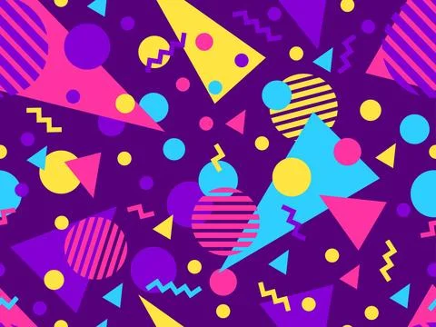 Geometric seamless pattern with memphis elements in 80s style. Colorful geo.. Stock Illustration