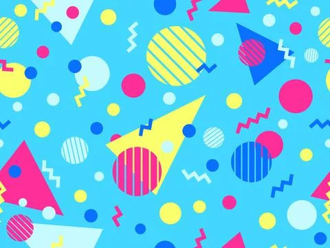 Geometric seamless pattern with memphis elements in 80s style. Colorful geo.. Illustrazione stock