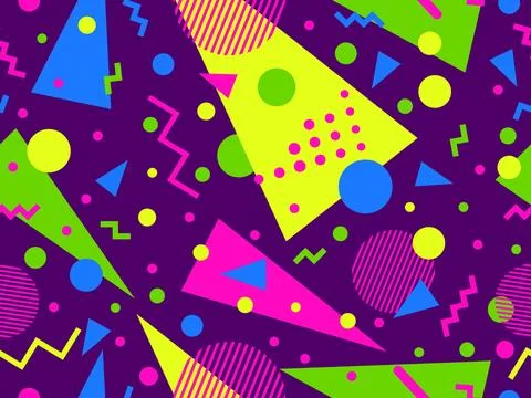 Geometric seamless pattern with memphis elements in 80s style. Colorful geo.. Illustrazione stock