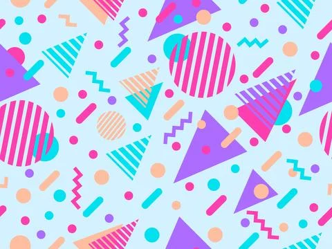 Geometric seamless pattern with memphis elements in 80s style. Colorful geo.. 스톡 일러스트