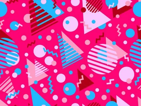 Geometric seamless pattern with memphis elements in 80s style. Colorful geo.. 스톡 일러스트