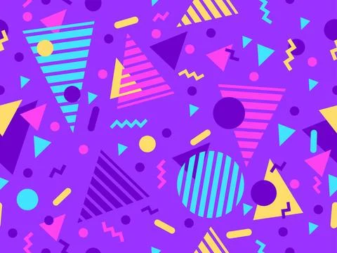 Geometric seamless pattern with memphis elements in 80s style. Colorful geo.. Stock Illustration