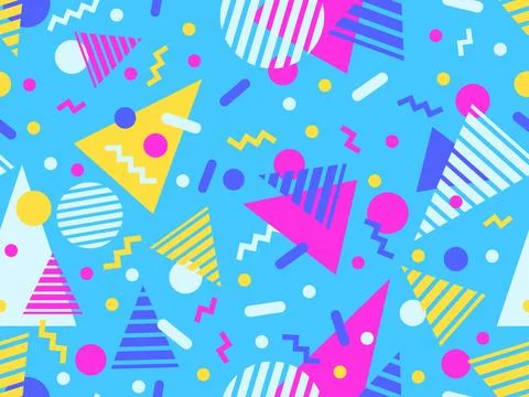 Geometric seamless pattern with memphis elements in 80s style. Colorful geo.. Stock Illustration