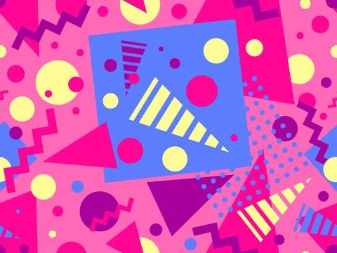 Geometric seamless pattern with memphis elements in 80s style. Colorful pat.. 스톡 일러스트