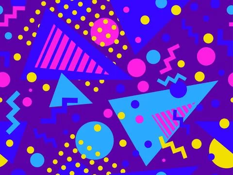 Geometric seamless pattern with memphis elements in 80s style. Colorful pat.. Stock Illustration
