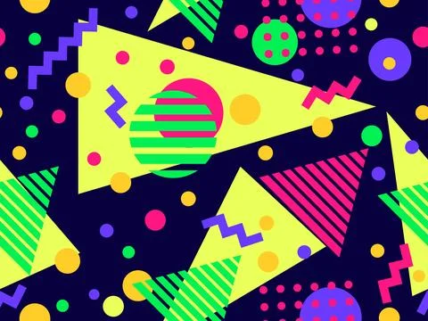 Geometric seamless pattern with memphis elements in 80s style. Colorful pat.. 스톡 일러스트