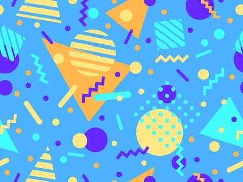 Geometric seamless pattern with memphis elements in 80s style. Colorful pat.. Stock Illustration