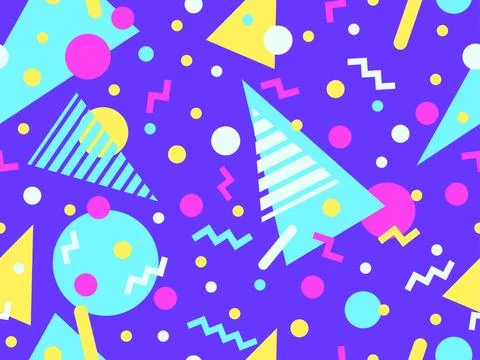Geometric seamless pattern with memphis elements in 80s style. Colorful pat.. Stock Illustration