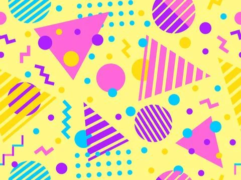 Geometric seamless pattern with memphis elements in 80s style. Colorful pat.. Stock Illustration
