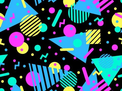 Geometric seamless pattern with memphis elements in 80s style. Colorful pat.. 스톡 일러스트